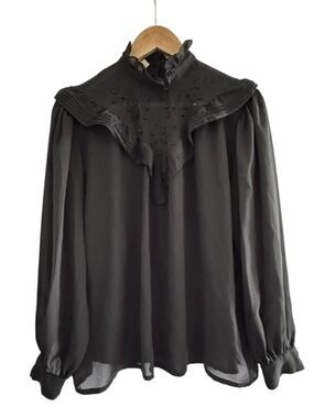 Vintage Romantic Sheer Black Blouse Prairie Goth High Neck Beaded